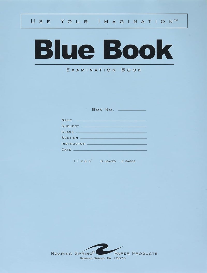 Test Blue Exam Book, 50 Pack, Wide Ruled with Margin, 11" x 8.5" 6 Sheets/12 Pages, Blue Cover